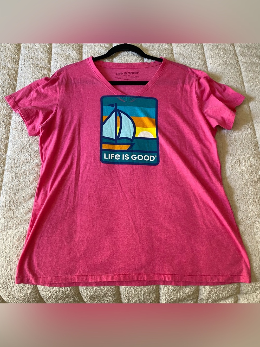 Life Is Good Pink Sailboat Sunset V-Neck Tee